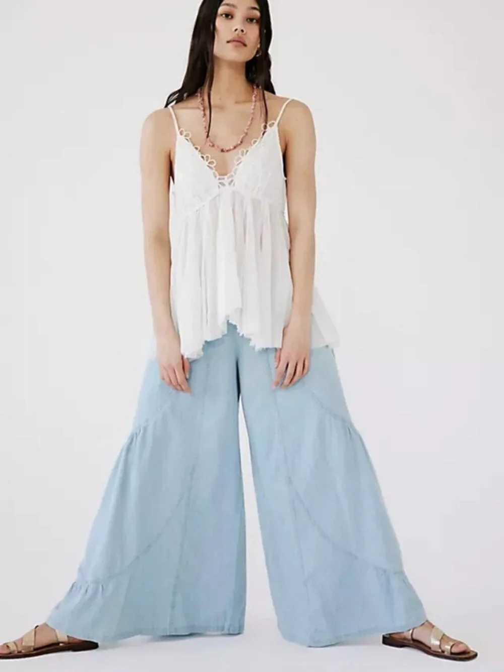 Free People FP One Casella Tunic Ivory Embroidered V Neck Strap Top XS